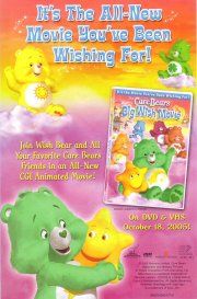 Below either side of the tagline (at top), Funshine Bear and Good Luck Bear are sitting on clouds; at the bottom of the poster, Wish Bear hugs Twinklers. On the DVD cover for the film (at centre right), she waves to the camera while five others are floating in the background.