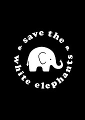 An image of a white elephant surrounded by the words "Save the white elephants" in a black backdrop