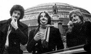 Brian May (left), Tim Staffell (centre) and Roger Taylor, outside the Royal Albert Hall, London, c. 27 February 1969