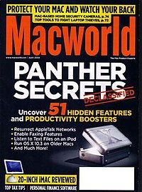 A magazine cover with a large headline reading "Panther Secrets" and a photo of a computer