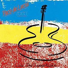 A blue, yellow and red horizontally striped background with a crude drawing of a guitar in black in the center.