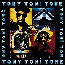 A group of four pictures is bordered by a black background with the name "Tony Toni Toné" written four times in blue. The upper right corner photo of the group of pictures is a black and yellow image of a man in a hat and sunglasses. The upper left corner photo depicts a white house with a dark blue sky and a blue window. The lower left photo contains a red an black image of a man with sunglasses and dreadlocks. The lower right corner photo depicts a man in a black suit and gloves with white circles on them. He is seated in front of a piano that is facing the viewer. In the center of the photo, a circle contains the phrase "Sons of Soul".