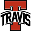 A scarlet uppercase 'T' outlined with a white line and thicker black line and the name TRAVIS in black capital letters laid across, interrupting the 'T'