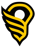 A lacrosse stick head in black and yellow, stylized as a wing, and holding a white ball in its mesh.