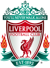 The words "Liverpool Football Club" are in the centre of a pennant, with flames either side. The words "You'll Never Walk Alone" adorn the top of the emblem in a green design, "EST 1892" is at the bottom