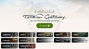 Detail of Tolkien Gateway's front page, showing its organisation and coverage of topics such as books, characters, games, images, and music