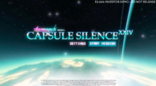 A game menu with a with the horizon of a planet in space as a background. In the centre is the text "Anamanaguchi - Capsule Silence XXIV" with menu items below it. In the bottom is a fictitous copyright disclaimer, and the top right the text "E3 2015 INVESTOR DEMO - DO NOT RELEASE".