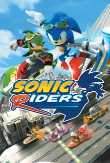 In a futuristic city, Sonic, a blue hedgehog, and Jet, a green hawk, leap at the screen while riding hoverboards, with the "Sonic Riders" logo positioned below them. At the bottom of the artwork, Tails, an orange fox; Wave, a purple swallow; Knuckles, a red echidna; and Storm, a gray albatross, can be seen riding their own hoverboards down the street.