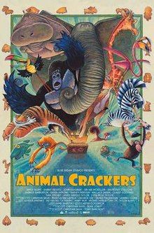 An assortment of animals coming out of a box as animal crackers border the movie poster.