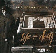 The Notorious B.I.G. (wearing a long black coat and a black bowler hat) is seen standing next to a funeral motorcade. The album's title "Life after death" is painted on the motorcade's trunk. It's license plate bears the name "B.I.G." on it.