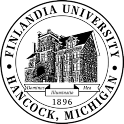 Seal of Finlandia University, depicting the Old Main building and the Latin motto 'Dominus Illuminatio Mea'