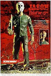 Packaging for the Jason Friday the 13th model kit has a picture of the toy, dressed in leather and goalie mask, and holding a machete.