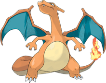 A bipedal orange dragon-like Pokémon with a cream and white underbelly stands facing the viewer. Its wing membranes are bluish green and it has a small fire on the tip of its tail. Its head is turned to the left and it is looking up toward the sky.