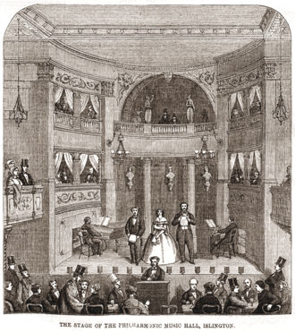 interior of a Victorian theatre with three singers centre stage and a piano accompanist on either side