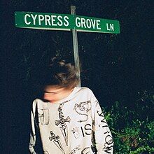 A boy stands in front of a street sign, shaking his head.