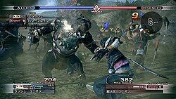 A group of people and monsters in light armor fight, with Rush facing away closest to the viewer. Gauges and boxes filled with text and numbers ring the perimeter of the image.