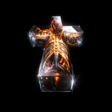 A skeletal figure with glowing orange lines encircling it inside of a translucent shining cross