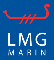 An abstract depiction of a viking longship in red on a blue background with the company name appearing below