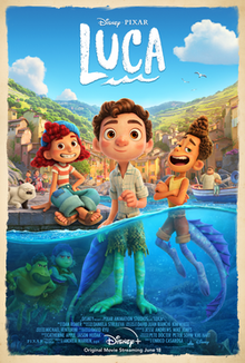 Two boys on the water (Luca Paguro and Alberto Scorfano), with half of their bodies in their aquatic forms with sea monsters hiding under a dock. Above the water, various characters with a village as a backdrop.