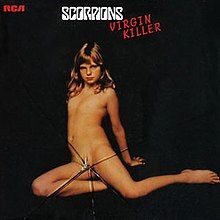 a naked prepubescent girl, her pubic area partially obscured by a "cracked glass" effect, posing suggestively on a black background; seen above her are the Scorpions text logo and the title of the album