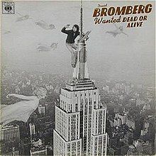 A black and white picture of a giant David Bromberg on top of the Empire State Building, like King Kong. He is holding a biplane, and is seemingly being attacked by flying women who look like Fay Wray.