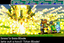 A screenshot of the Golden Sun game. Four characters look as an an eruption of yellow light emerges from the enemy.