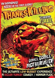 A demonic turkey is surrounded by the film's various taglines and other texts.