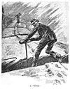 Artist's depiction of brakemen working atop a train in inclement weather