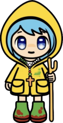 An anime-style illustration of a young girl with blue hair. She is wearing a yellow raincoat and green mud-stained rubber boots. She is carrying a staff and is wearing a rosary.