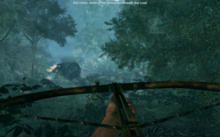 A screenshot from the third mission, "Bare Feet, Steel Will". Taking place in December 1952, the Việt Minh ambush a French convoy. The player character holds a crossbow as a primary weapon.