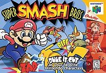 Image of various Nintendo characters fighting: Mario rushing at Pikachu, Fox punching Samus, Link holding his shield and Kirby waving at the player, with a Bob-omb next to him.