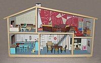 Mass-produced Swedish wooden dollhouse with wooden furniture, 1:18 scale, Lundby, 1961–64