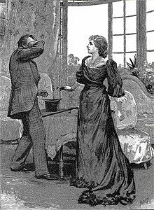 white woman in Victorian day clothes standing by man in a suit clutching his face