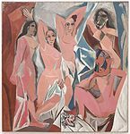 Les Demoiselles d'Avignon; by Pablo Picasso; 1907; oil on canvas; 2.43 × 2.3 m; Museum of Modern Art[263]