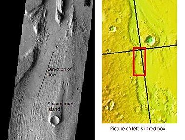 Mangala Vallis with a streamlined island, as seen by THEMIS