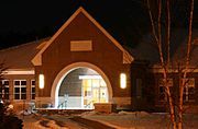 The Bion R. Cram Library at night.