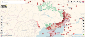 A digital map of Ukraine with areas occupied by Russia on 29 February 2024 in red, and areas regained by Ukraine in green