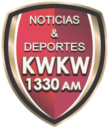 The words Noticias, an ampersand, and Deportes on three lines in white above the call letters and frequency K W K W 1330 AM (on two lines) on a red and gold shield with black trim