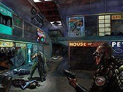 A green-cloaked man is staring from the right corner through black goggles to another deformed human being, who is close to a dead body of a woman laying on the floor along with several blood marks and some destroyed things.