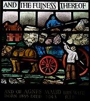 Detail from S.Matthew window in S.Margaret, Leiston, Suffolk, showing her childhood home, Lower Abbey Farm, Leiston, Suffolk