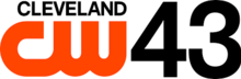 At left, the CW network logo in orange. To the right is the number 43. On top of the "CW" is the lettering "CLEVELAND".