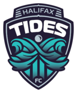 A club crest in the shape of a ship's bow, with waves forming the letter "x" crashing in front of it. The words "Halifax Tides" are written across the top of the ship, and "FC" is written below the waves.