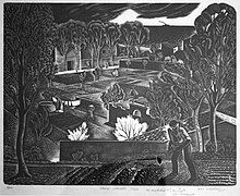 A landscape etching by Iain Macnab, Spring Landscape, Tossa c1945 showing a farmworker, village and rural scene in fine detail.