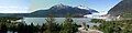 McGinnis centered, seen with Stroller White, Mendenhall Glacier, and Nugget Falls from the Mendenhall Glacier Visitor Center