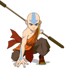 Aang kneeling in a battle pose, holding his new staff behind him.