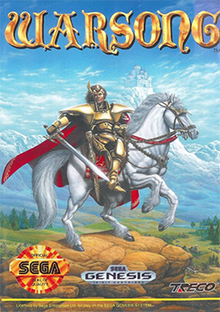 A knight in gold armor and a red cape wielding a sword rides a white horse on a large rock. Above the knight is the title, "Warsong", in an Old English style font. In the background are grass fields, trees and a castle atop a mountain.