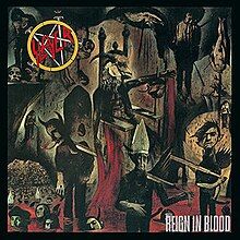 An image of the album cover featuring a demonic creature being carried on a chair by two people on each side. These people are carrying it over a sea of blood where several heads of corpses are floating. In the top left corner of the album is Slayer's logo while in the bottom right corner is the album title "Reign in Blood".