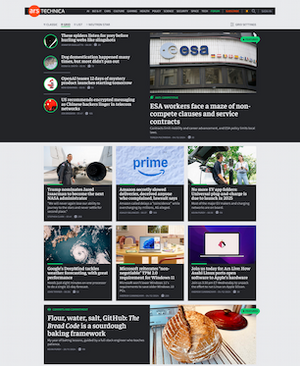 The Ars Technica logo is displayed in the top-left corner of the web page. Separated into two rows below the logo are several boxes, each of which contains an article's headline and image.