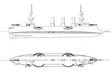 Simple sketch of a ship with a bulbous bow, two large masts, three smoke stacks, and four elliptical sponsons projecting from the sides of the vessel to carry the guns.