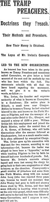 Scan of a 1910 newspaper article regarding Tramp Preachers, Doctrines, Methods, Money and Lapses